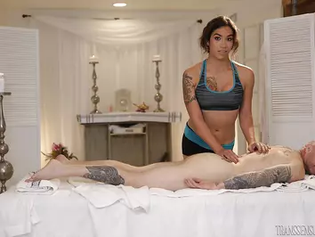 Brunette ts Tori Mayes gives hunk a hot erotic massage