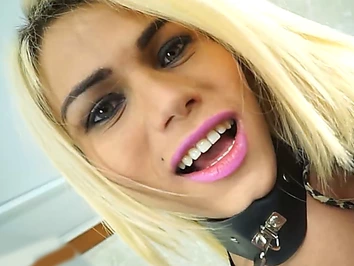 Pretty blonde latina tgirl Nicoly Sache POV blowjob and anal pounding