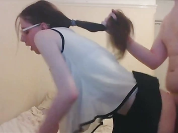 Skinny nerdy t-girl blows and bounces on her partner's shaft